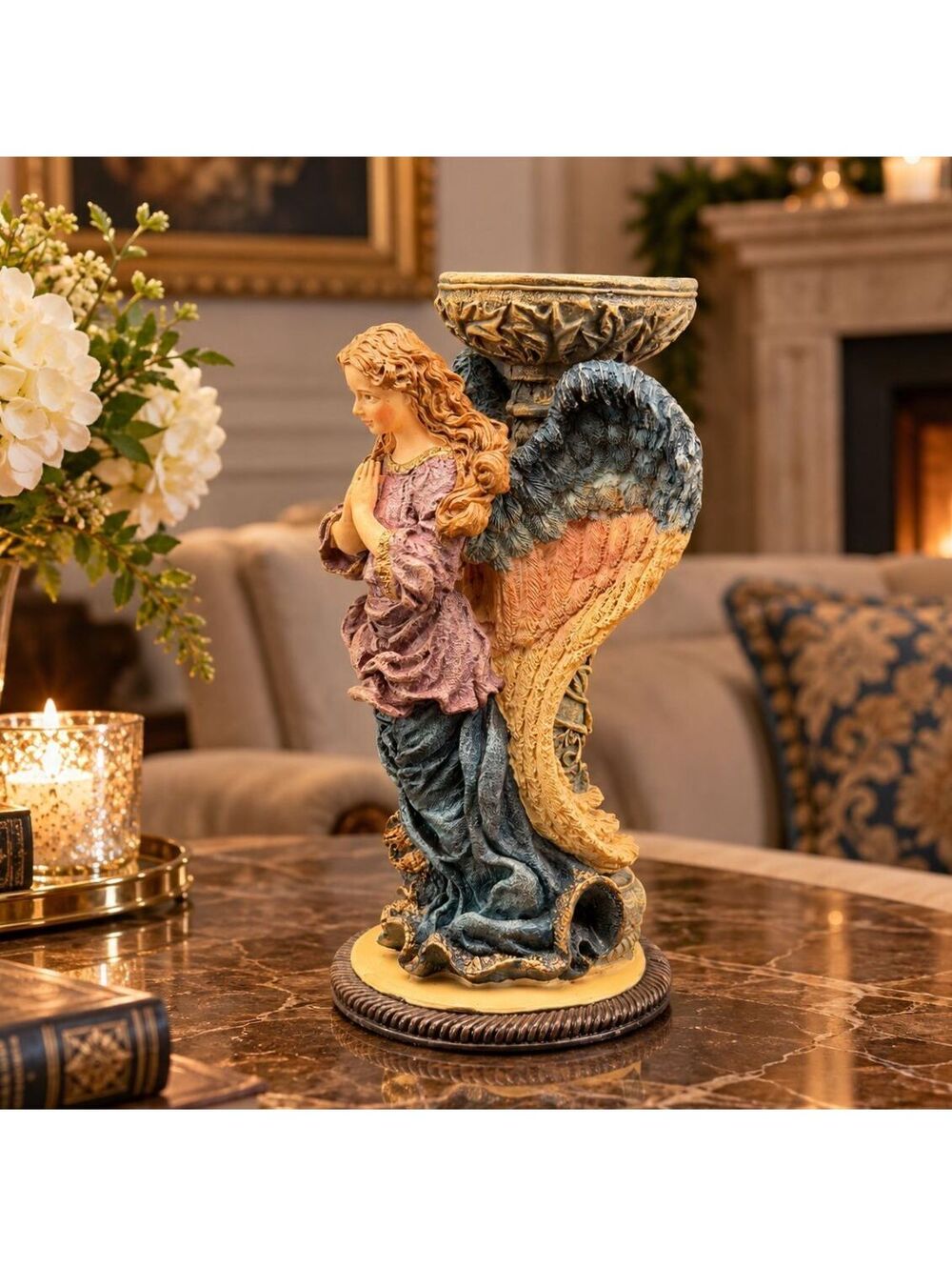 Vtg Praying Angel Candle Holder Figurine 7.5" Winged Angel Religious Home Decor